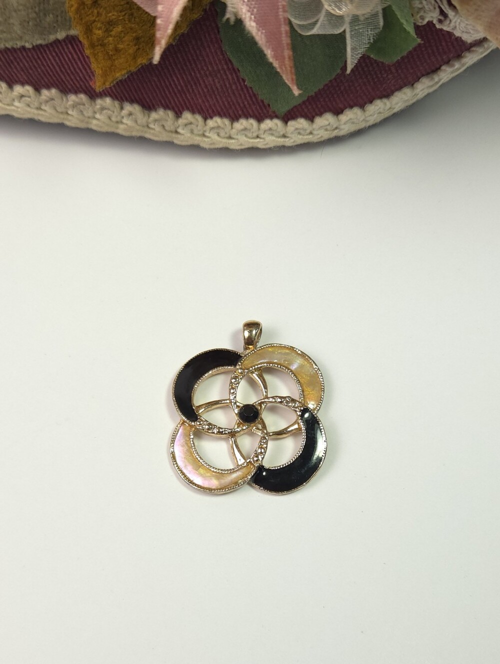 Vintage Black Enamel & Abalone Swirl Pendant or Charm Jewelry Making